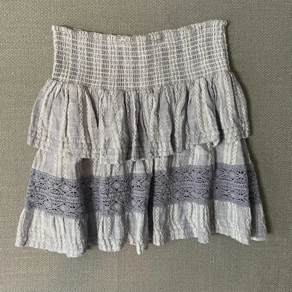 Elan Cotton Short Tiered Skirt Crochet Ruffled Boho Sz S
